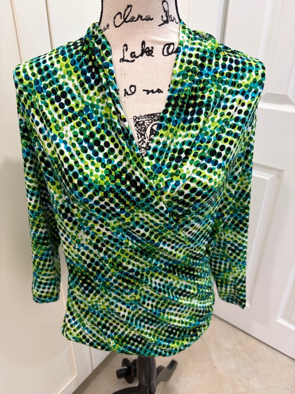 Chaus Green Blue Polka-Dot Surplice Blouse